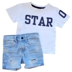 H&M lyseblå denimshorts og hvid T-shirt str. 98