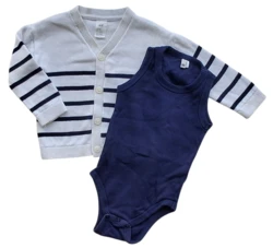 H&M stribet cardigan og Be kids mørkeblå body str. 80