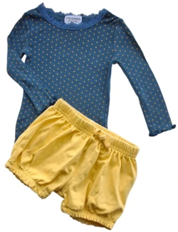 Minymo gule bloomers og Friends blågrøn bluse str. 74