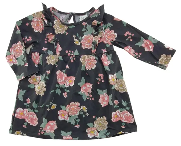 H&M sort langærmet blomstret kjole