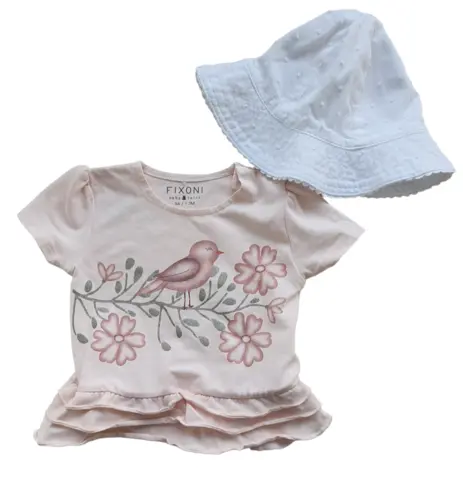 Fixoni rosa bluse og H&M hvid bøllehat str. 56-68